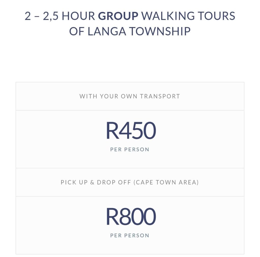 Langa Township tour guide pricing list2