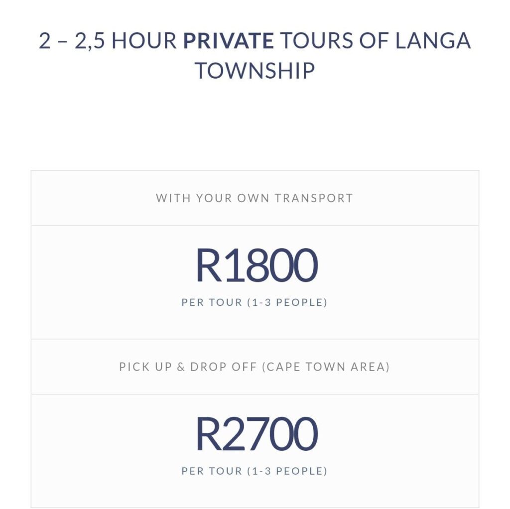 Langa Township tour guide pricing list